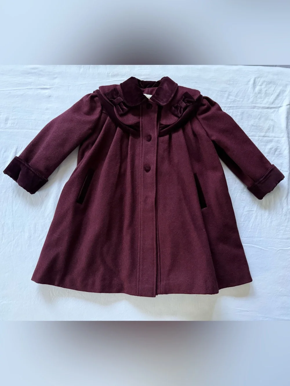 Vintage Girls' Wool Velvet Burgundy Insulated Coat with Peter Pan Collar Bows